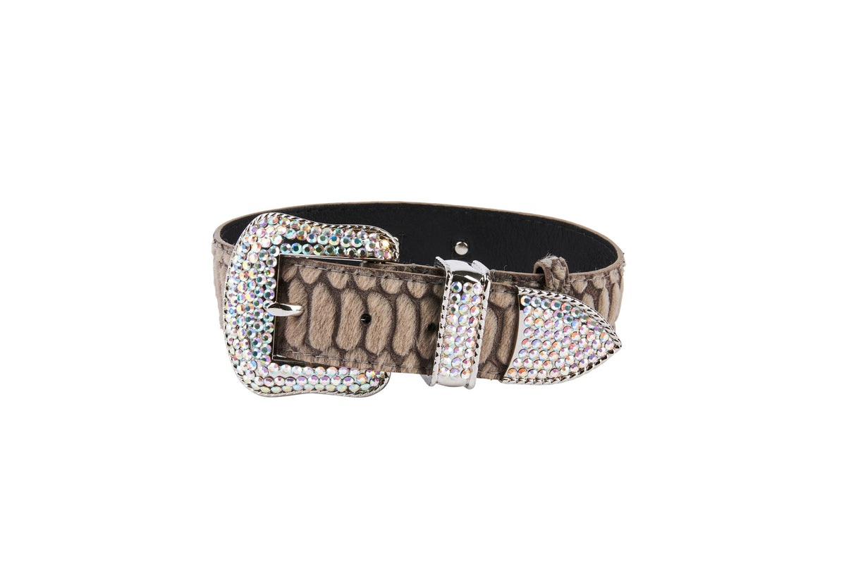 Grey Snake Print Hair On Hide Italian Leather Collar With Swarovski Hardware