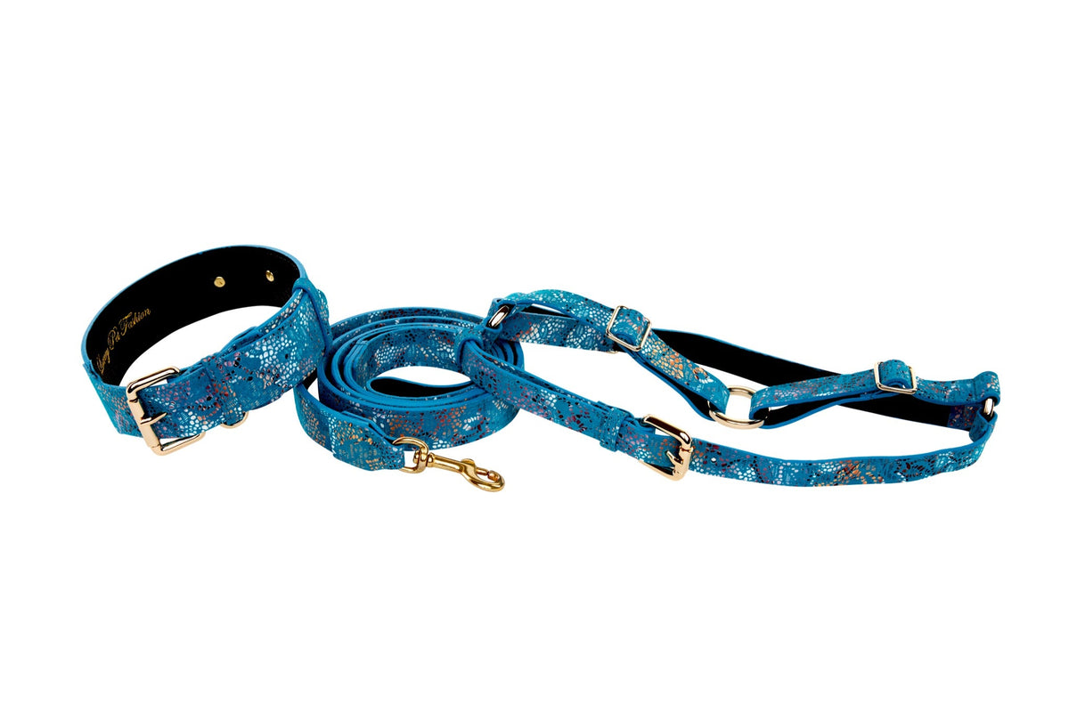 Blue Floral Mosaic Italian Leather/Classic Collar, Leash, Harness Set