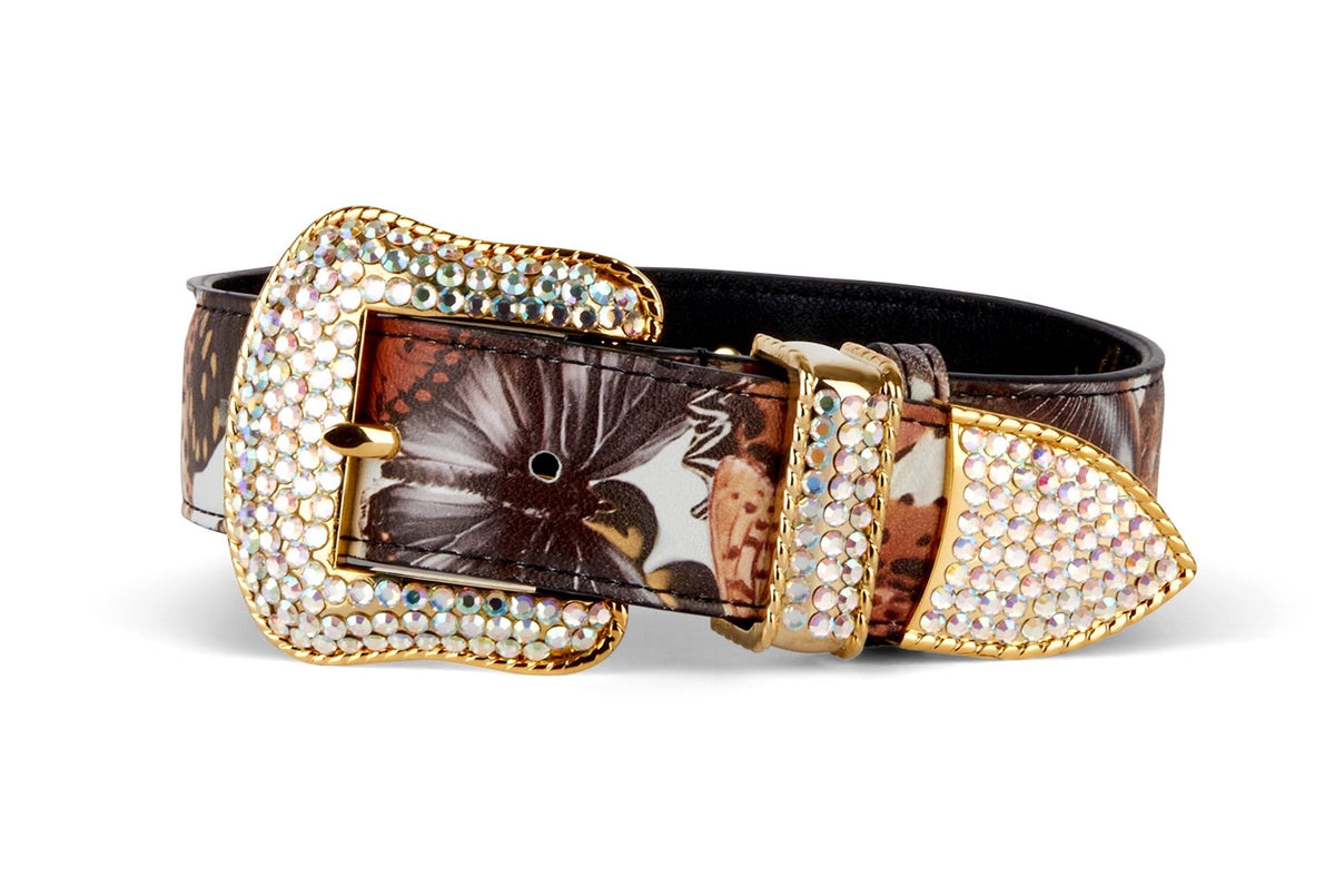 Butterfly Print Italian Leather Collar With Custom Swarovski Crystal Hardware