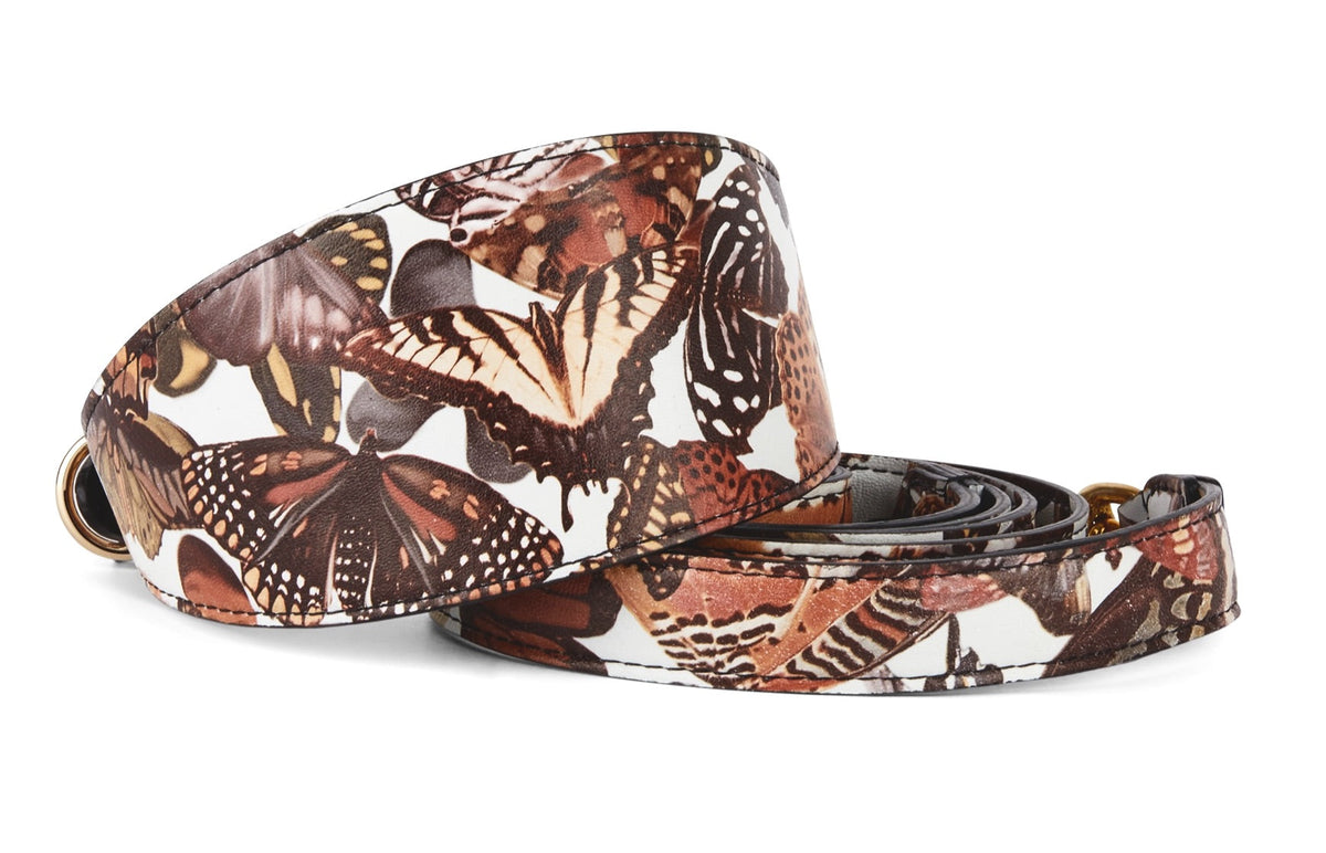 Butterfly Print Italian Leather 3” Wide Style Collar & Matching Leash Set