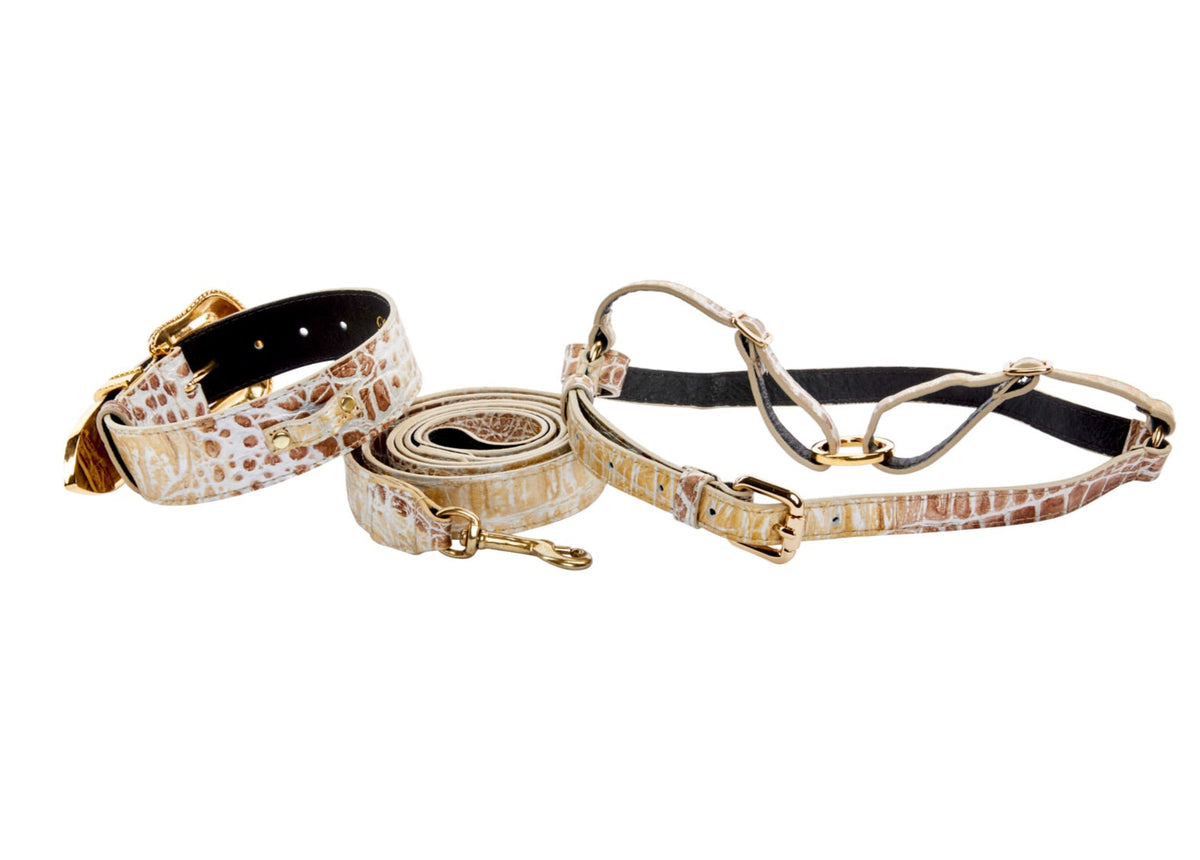 Silver/Bronze/Gold Italian Leather Embossed Croc Swarovski Crystal Collar, Leash & Harness Set