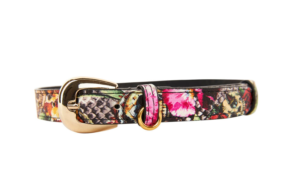 Floral, Scull, Snake Print Italian Leather Collar With Gold Oval Hardware