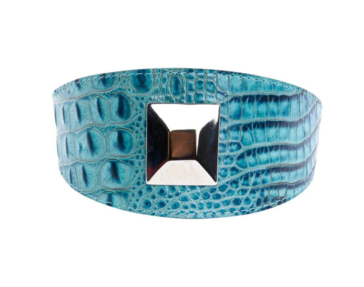 Turquoise Embossed Croc Italian Leather 3” Wide Style Collar With Large Silver Custom Rivet