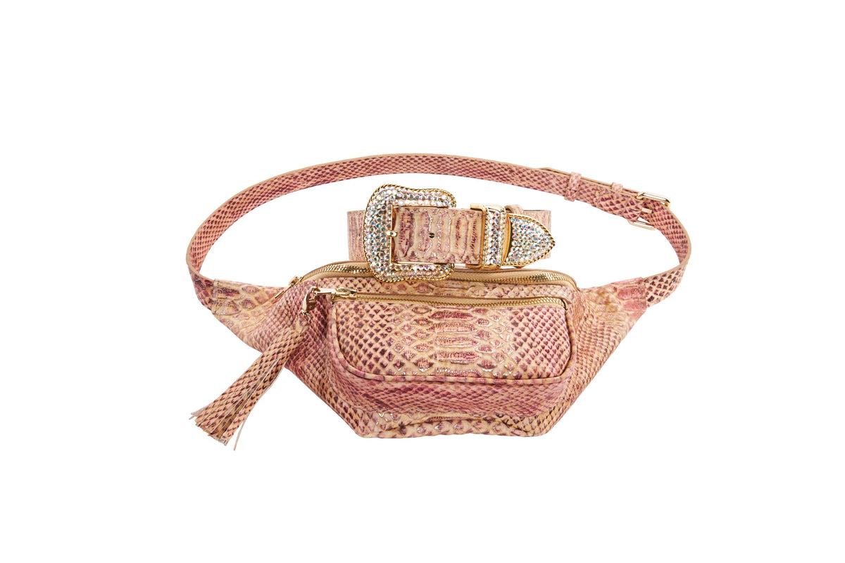 Embossed Snake Italian Leather Belt Bag With Matching Swarovski Crystal Collar