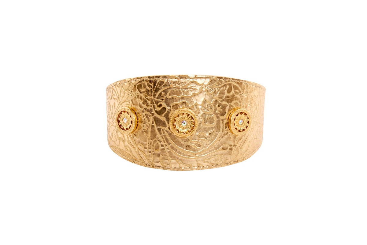 Gold Floral Print Italian Leather With Gold Sunflower Rivets