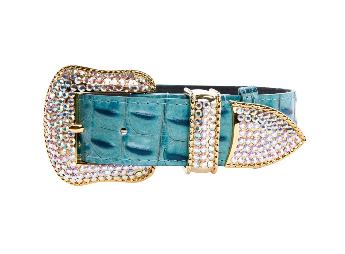 Turquoise Embossed Croc Italian Leather/Swarovski Crystal Hardware Collar