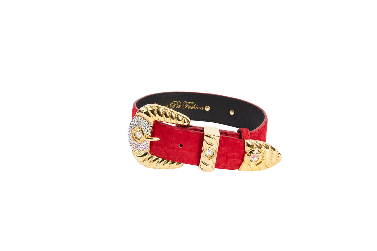 Red Hair On Hide Italian Leather Collar With Ornate Swarovski Hardware
