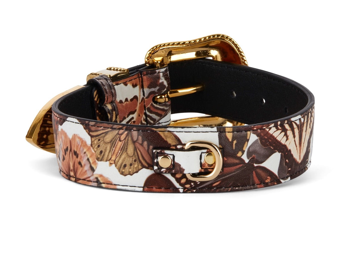 Butterfly Print Italian Leather Collar With Custom Swarovski Crystal Hardware