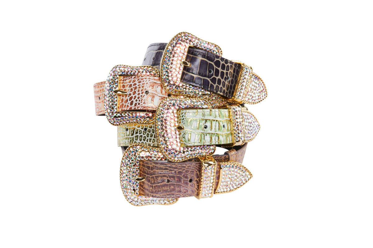 Embossed Croc Italian Leather/Swarovski Crystals Collars. Set Of 4