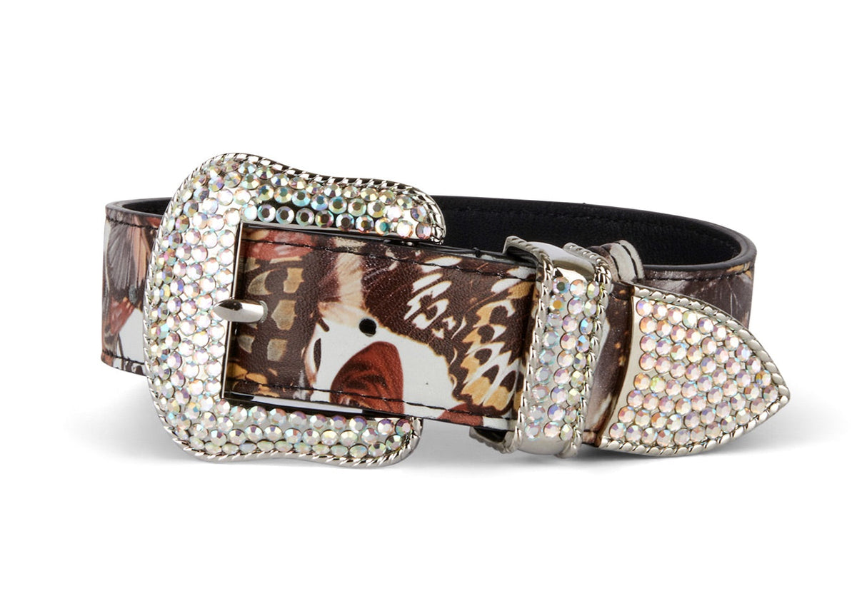 Butterfly Print Italian Leather Collar With Custom Swarovski Crystal Hardware