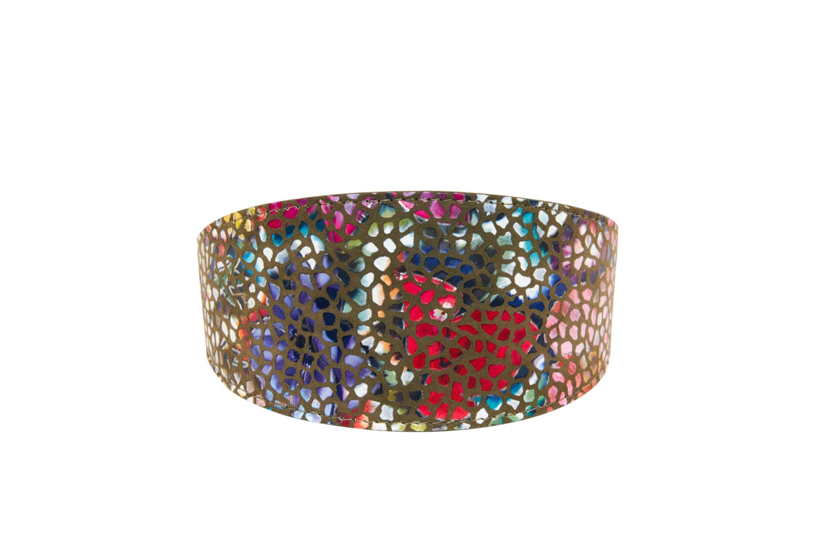 Olive Floral Mosaic Italian Leather 3” Wide Style Collar