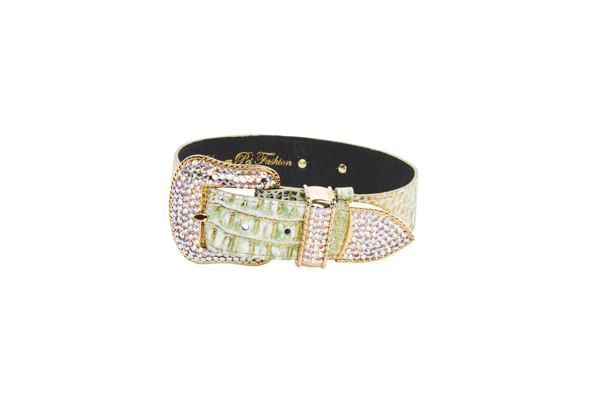 Green & Gold Embossed Croc Italian Leather Swarovski Crystal Collar