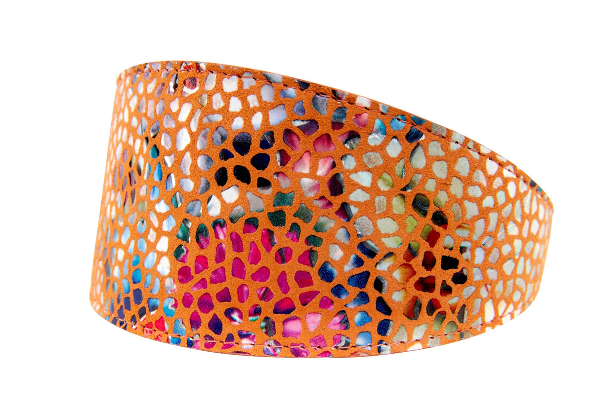 Orange Floral Mosaic Italian Leather 3” Wide Style Collar