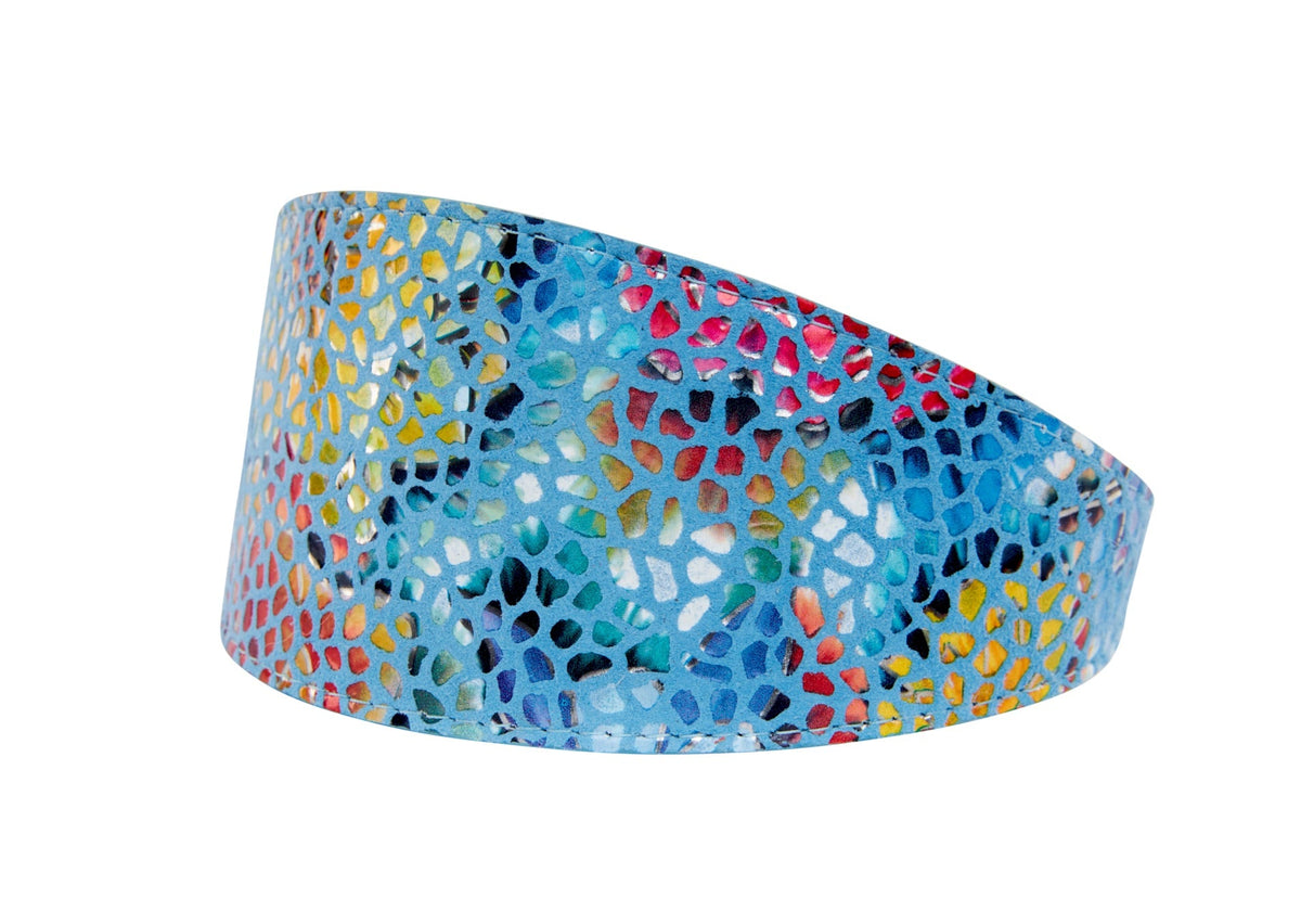 Blue Floral Mosaic Italian Leather 3” Wide Style Collar
