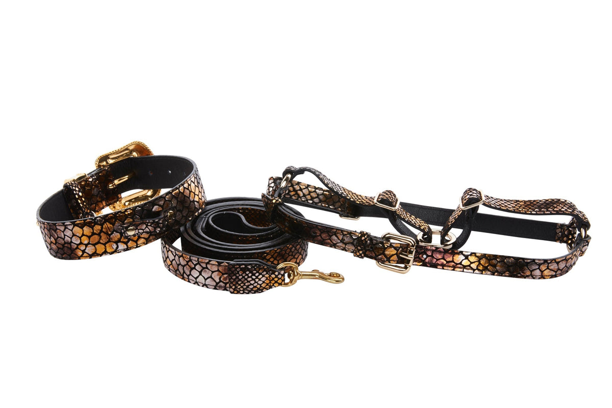 Mermaid Style Embossed Italian Leather/Swarovski Collar, Leash, Harness Set