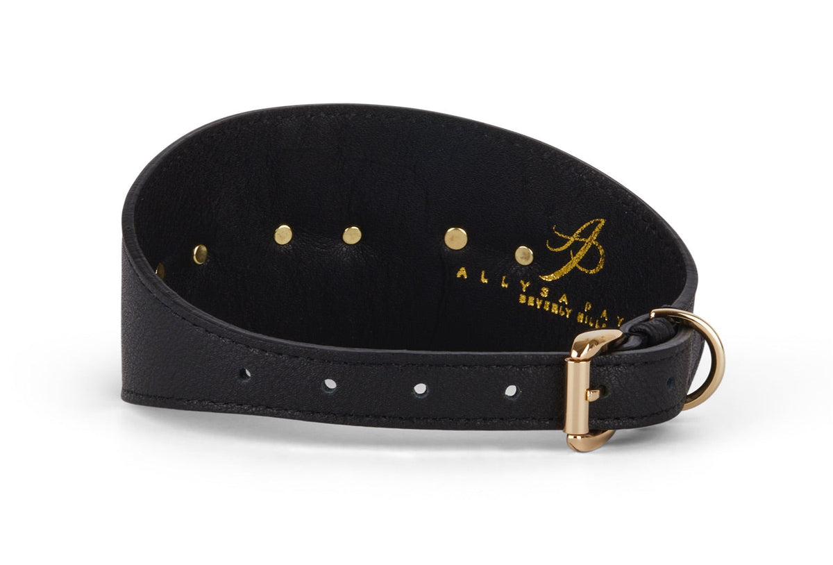 Smooth Black Italian Leather 3” Wide Style Collar With Gold Custom Starfish