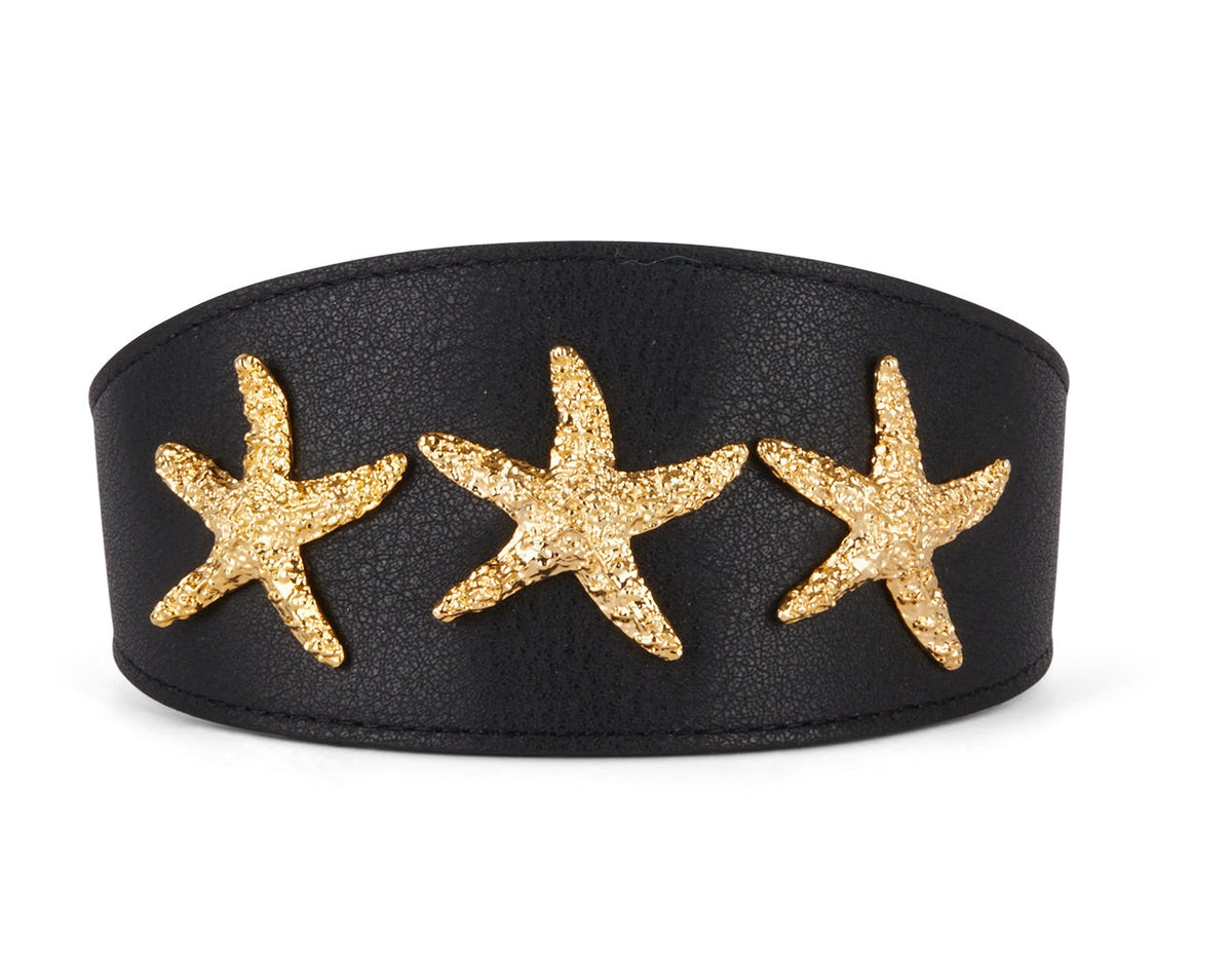 Smooth Black Italian Leather 3” Wide Style Collar With Gold Custom Starfish