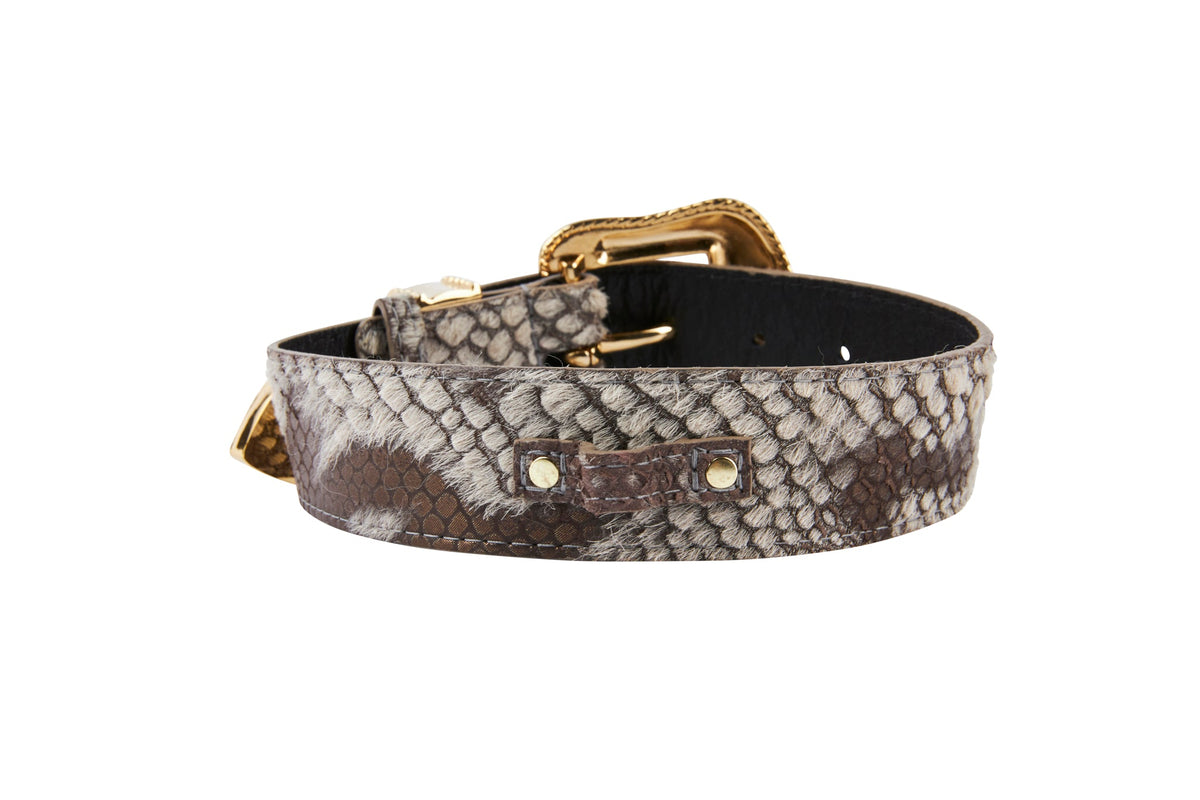 Grey/Bronze Snake Print Hair On Hide Italian Leather Collar With Swarovski Crystal Hardware