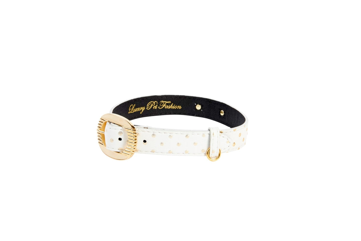 White & Gold Polka Dot Italian Leather Collar With Orante Italian Hardware