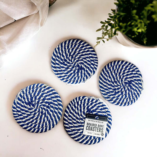 Blue Braided Holiday Coaster Set 4 Pack Candy Cane Stripe Table Protectors Absorbent Drink Mats