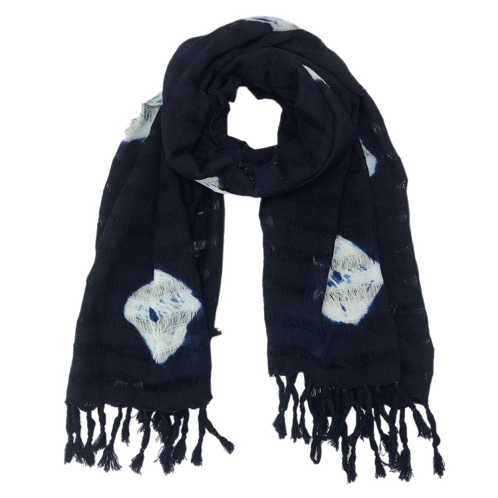 Indigo Cotton Stripe Scarf Oversized Lightweight Hand-Dyed Travel Wrap 25x59