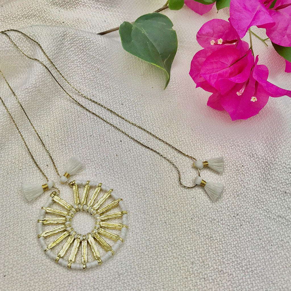 Indu Pendant Necklace 4 Adjustable Cotton Tassels Boho Zinc Alloy 18 Inch