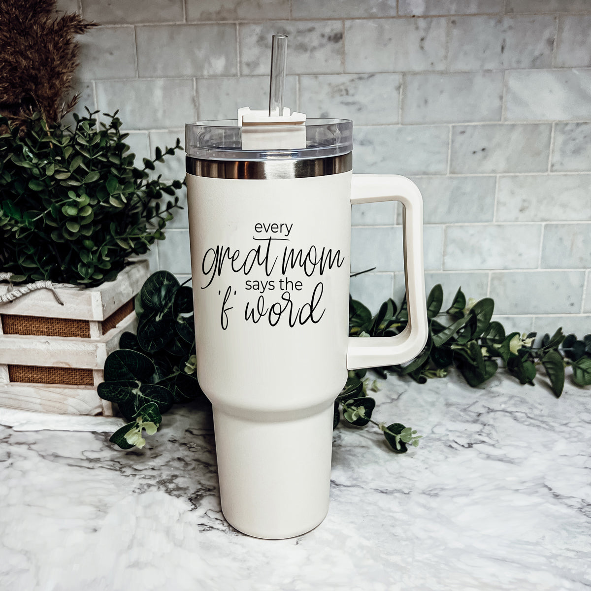 Insulated 40oz Travel Tumbler Mom Says The F Word Handle Lid Straw Gift