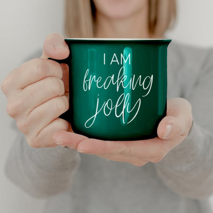 Freaking Jolly Ceramic Campfire Mug 14.5oz Red Or Green Double-Sided White Lettering Microwave Safe