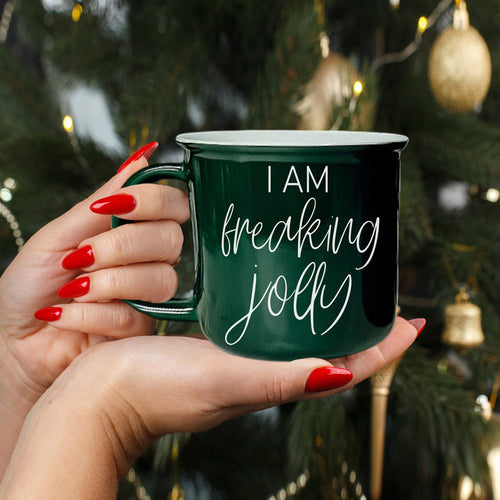 Freaking Jolly Ceramic Campfire Mug 14.5oz Red Or Green Double-Sided White Lettering Microwave Safe
