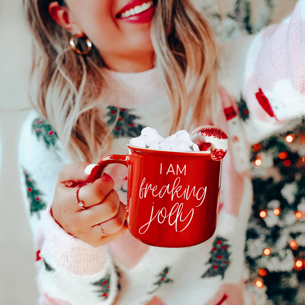 Freaking Jolly Ceramic Campfire Mug 14.5oz Red Or Green Double-Sided White Lettering Microwave Safe