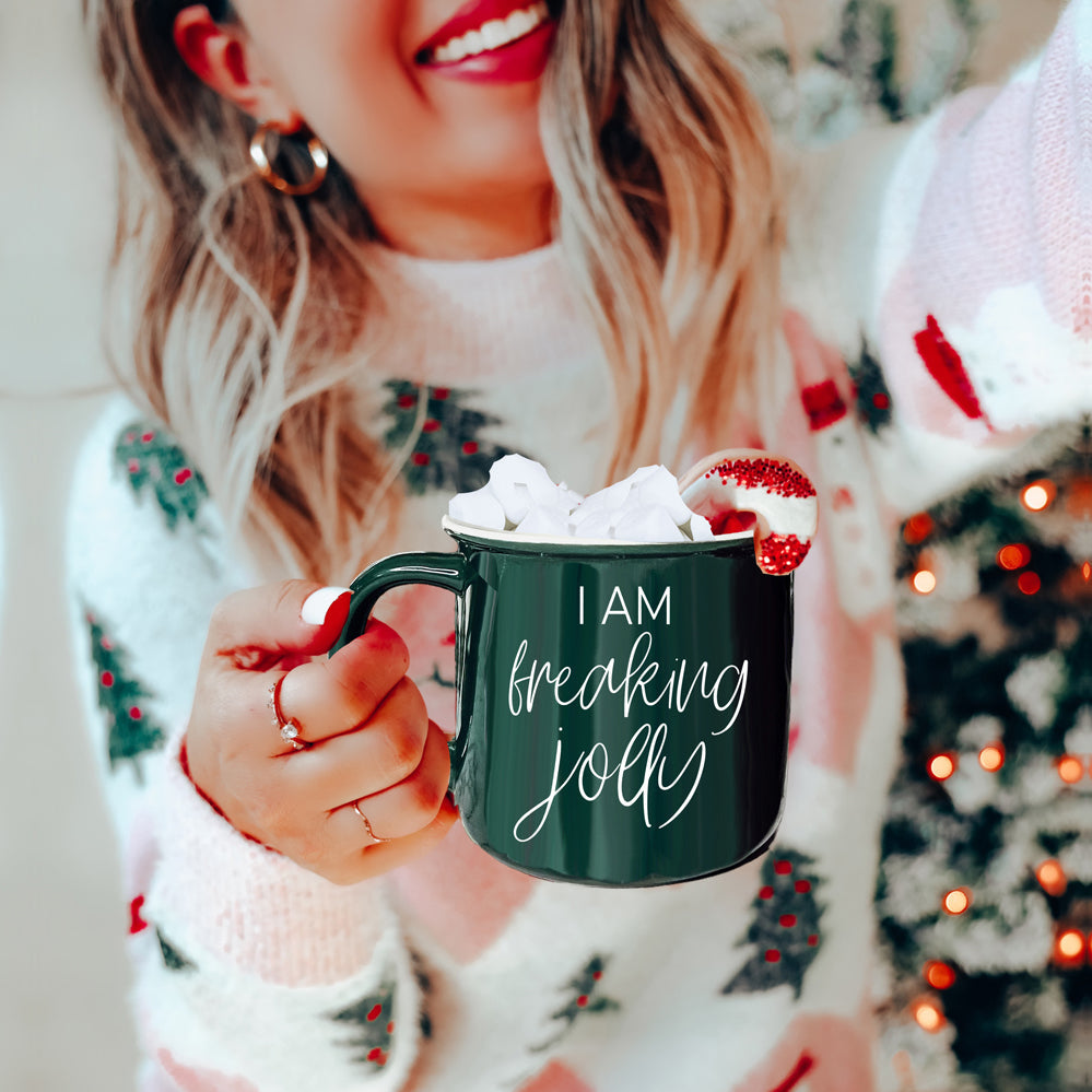 Freaking Jolly Ceramic Campfire Mug 14.5oz Red Or Green Double-Sided White Lettering Microwave Safe
