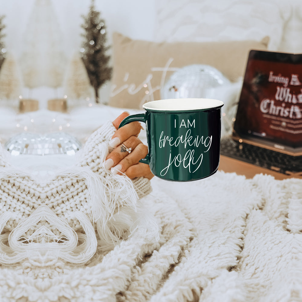 Freaking Jolly Ceramic Campfire Mug 14.5oz Red Or Green Double-Sided White Lettering Microwave Safe