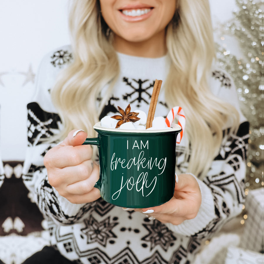 Freaking Jolly Ceramic Campfire Mug 14.5oz Red Or Green Double-Sided White Lettering Microwave Safe