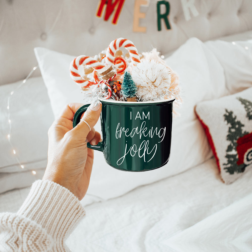 Freaking Jolly Ceramic Campfire Mug 14.5oz Red Or Green Double-Sided White Lettering Microwave Safe