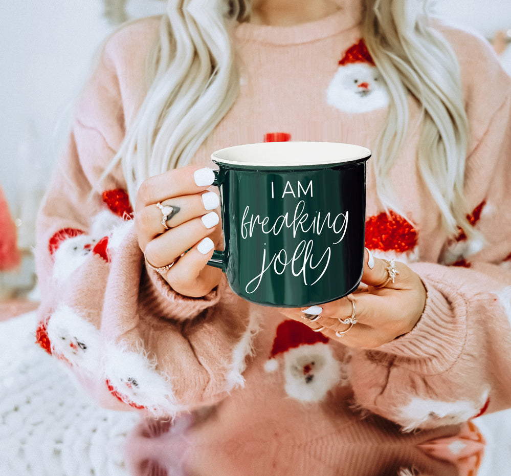 Freaking Jolly Ceramic Campfire Mug 14.5oz Red Or Green Double-Sided White Lettering Microwave Safe