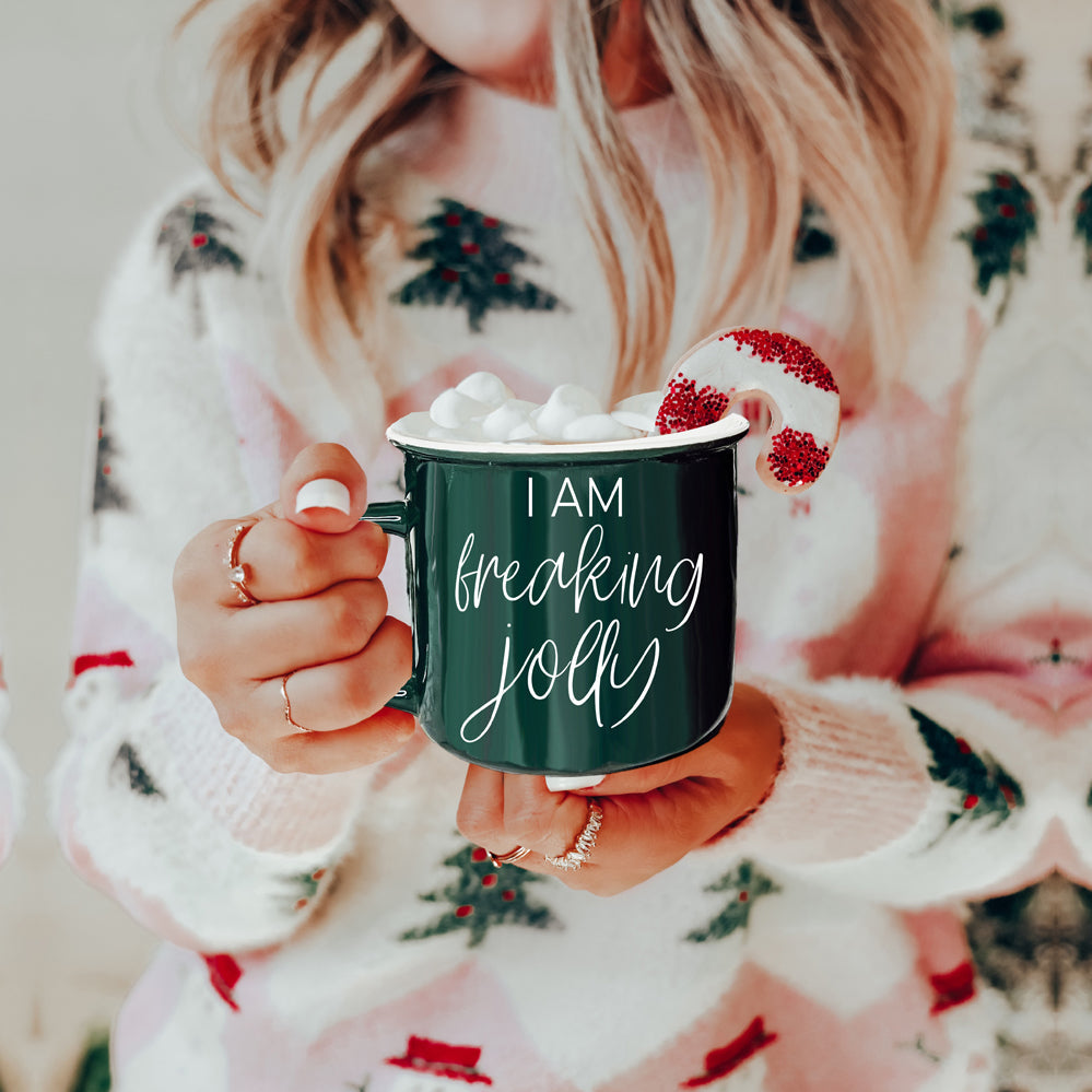 Freaking Jolly Ceramic Campfire Mug 14.5oz Red Or Green Double-Sided White Lettering Microwave Safe
