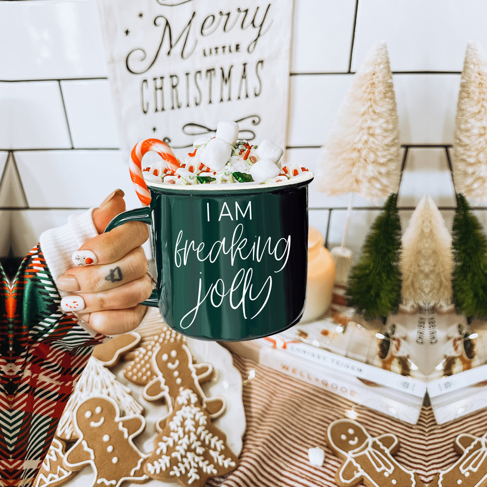 Freaking Jolly Ceramic Campfire Mug 14.5oz Red Or Green Double-Sided White Lettering Microwave Safe