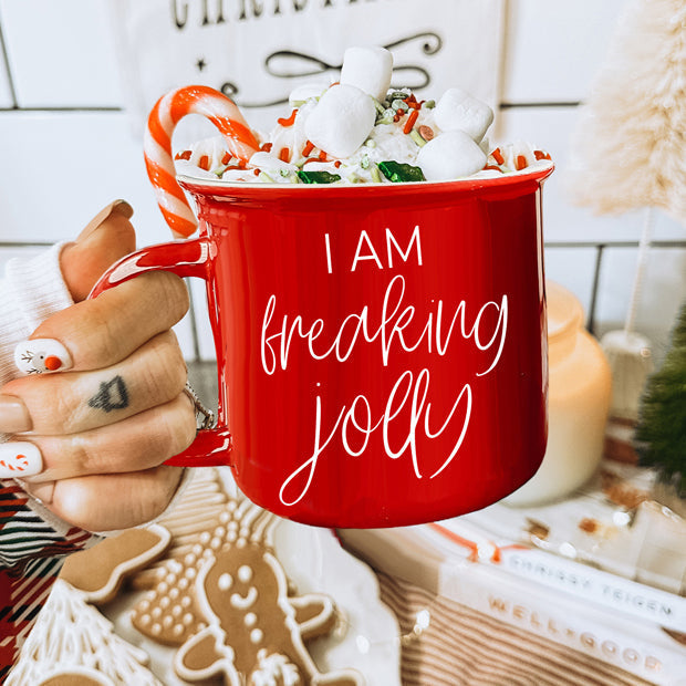 Freaking Jolly Ceramic Campfire Mug 14.5oz Red Or Green Double-Sided White Lettering Microwave Safe