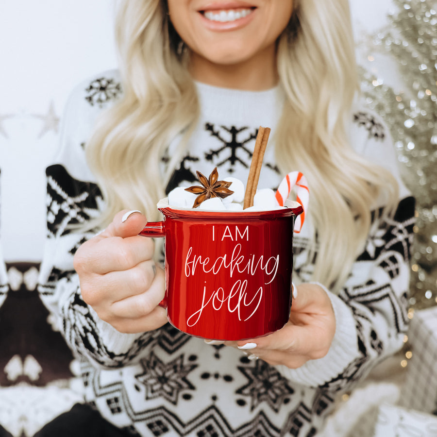 Freaking Jolly Ceramic Campfire Mug 14.5oz Red Or Green Double-Sided White Lettering Microwave Safe