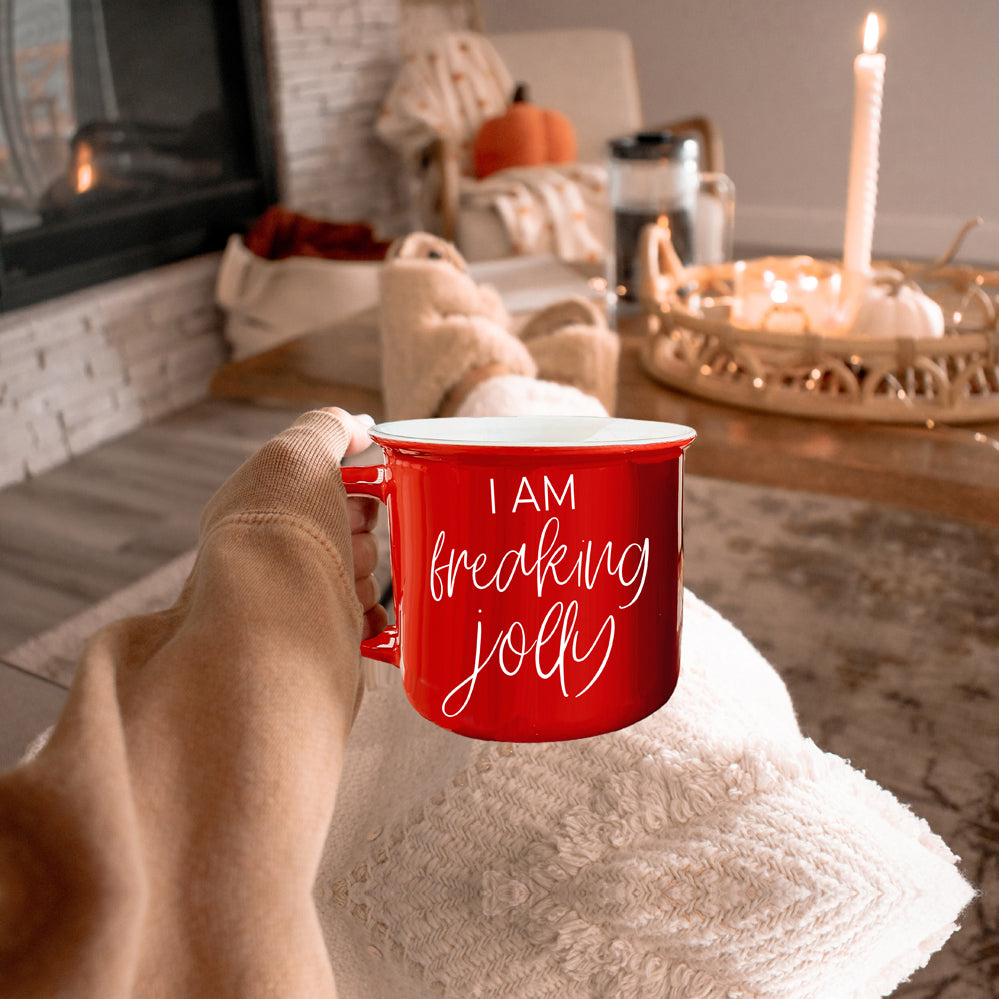 Freaking Jolly Ceramic Campfire Mug 14.5oz Red Or Green Double-Sided White Lettering Microwave Safe