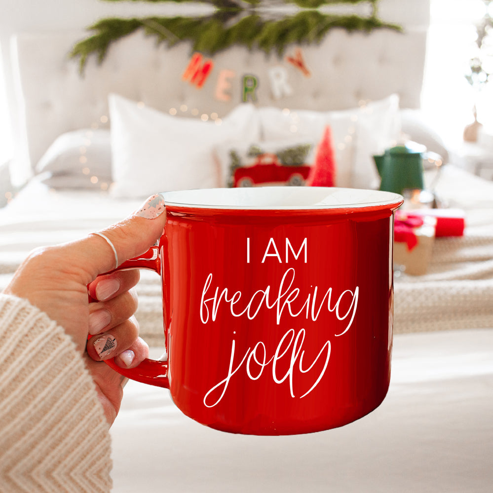 Freaking Jolly Ceramic Campfire Mug 14.5oz Red Or Green Double-Sided White Lettering Microwave Safe