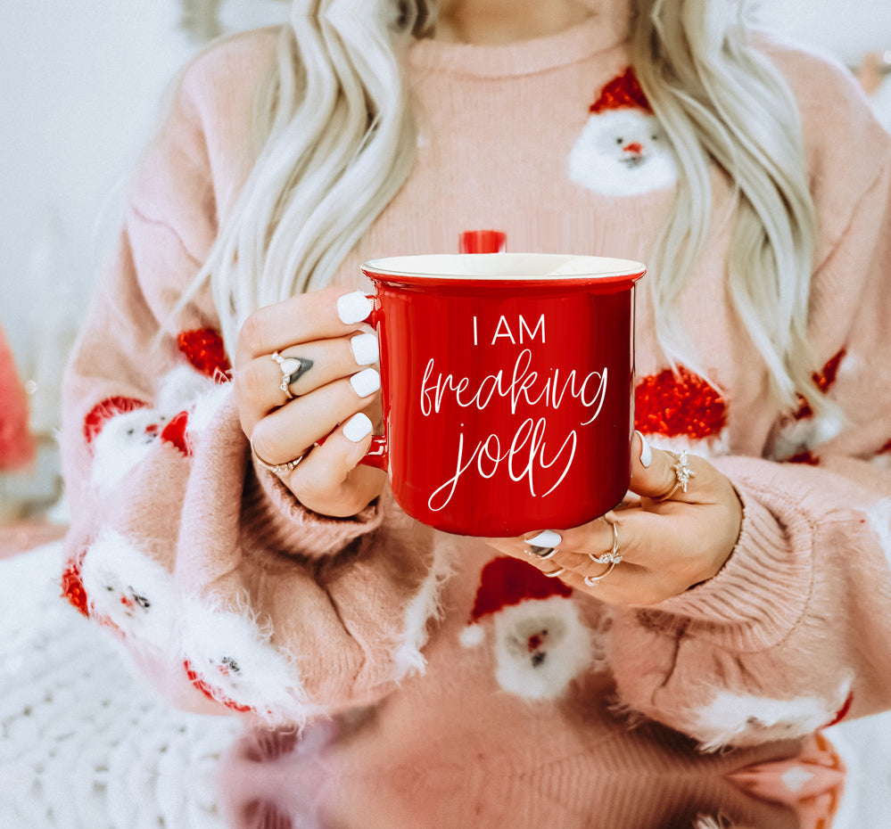 Freaking Jolly Ceramic Campfire Mug 14.5oz Red Or Green Double-Sided White Lettering Microwave Safe