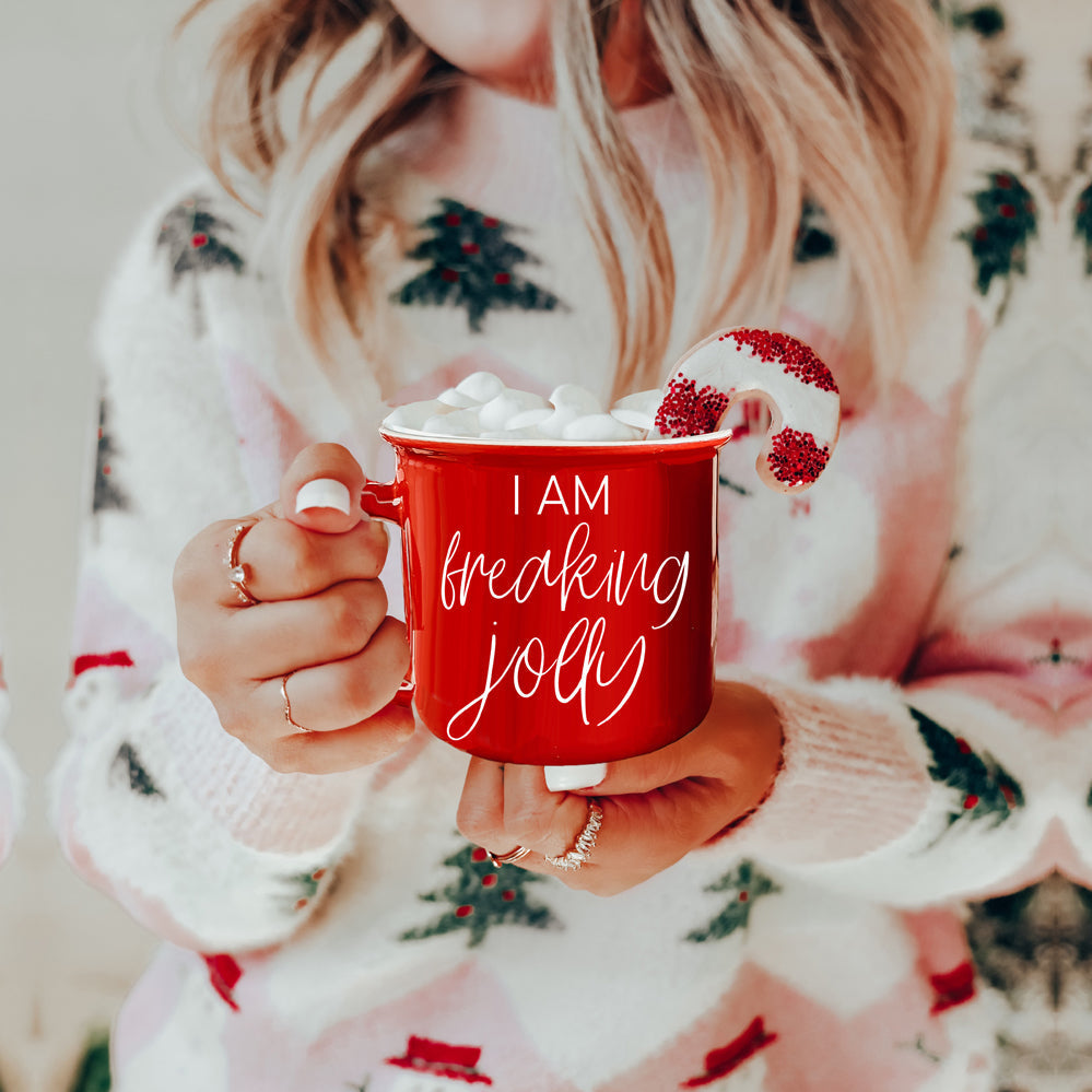 Freaking Jolly Ceramic Campfire Mug 14.5oz Red Or Green Double-Sided White Lettering Microwave Safe