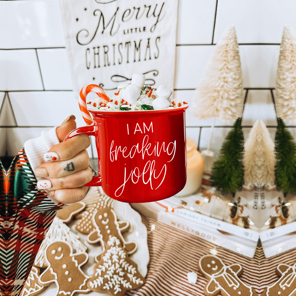 Freaking Jolly Ceramic Campfire Mug 14.5oz Red Or Green Double-Sided White Lettering Microwave Safe