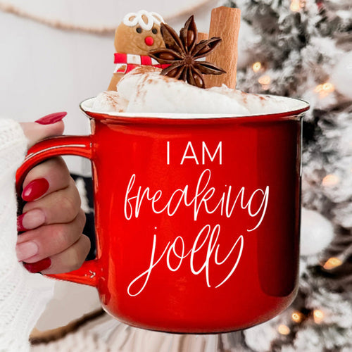 Freaking Jolly Ceramic Campfire Mug 14.5oz Red Or Green Double-Sided White Lettering Microwave Safe