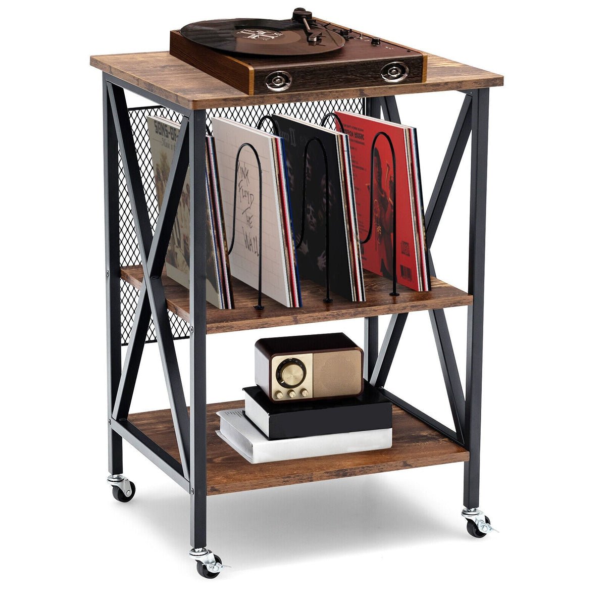 Mesa auxiliar rodante estilo vintage de 3 niveles con 3 divisores para álbumes - Marrón