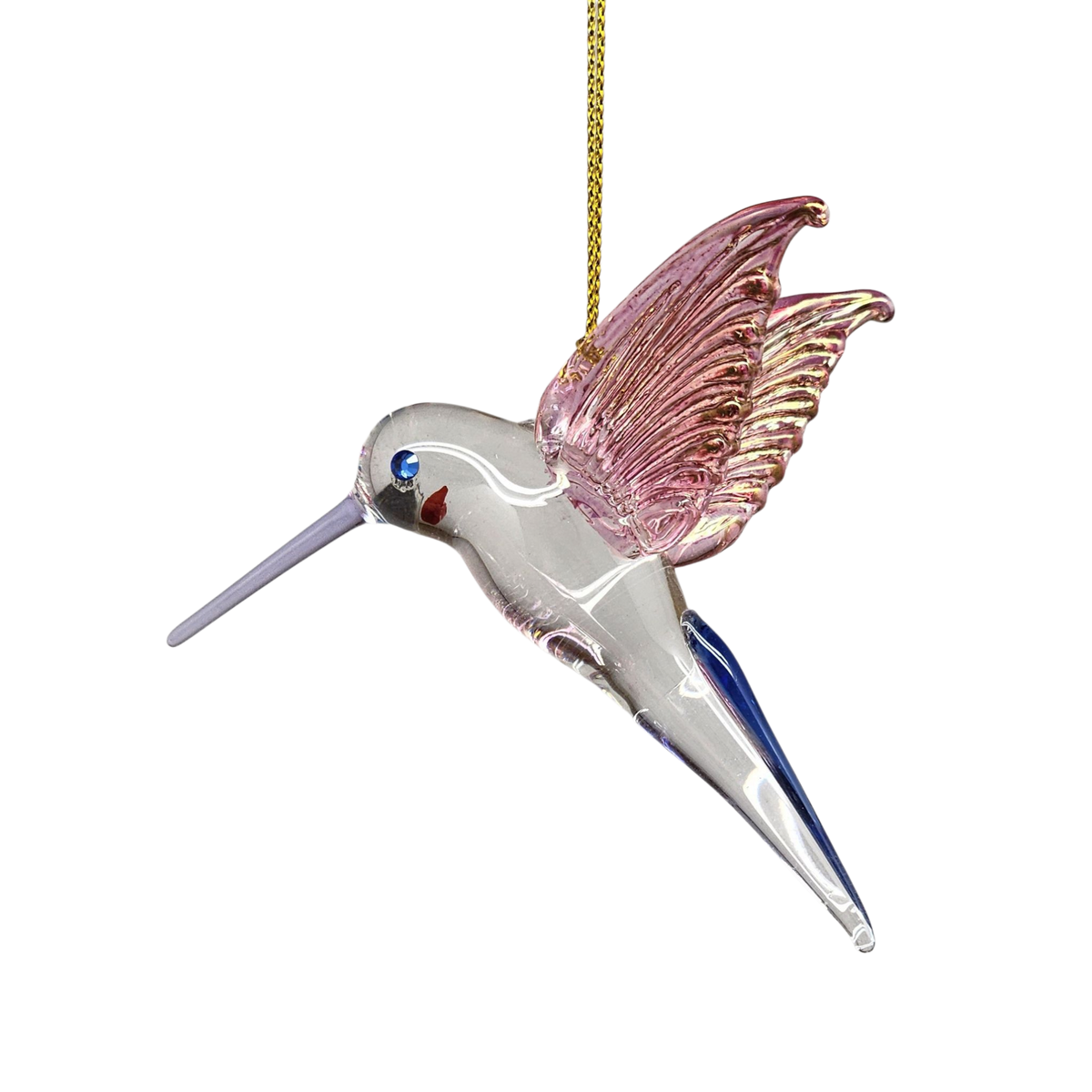 Feeding Hummingbird glass Ornament - Pink Wings / Blue Tail / Blue Beak