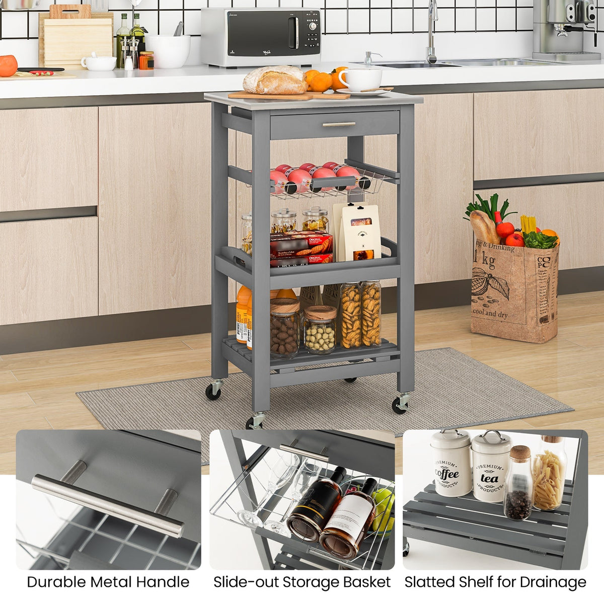Kitchen Island Cart with Stainless Steel Tabletop and Basket