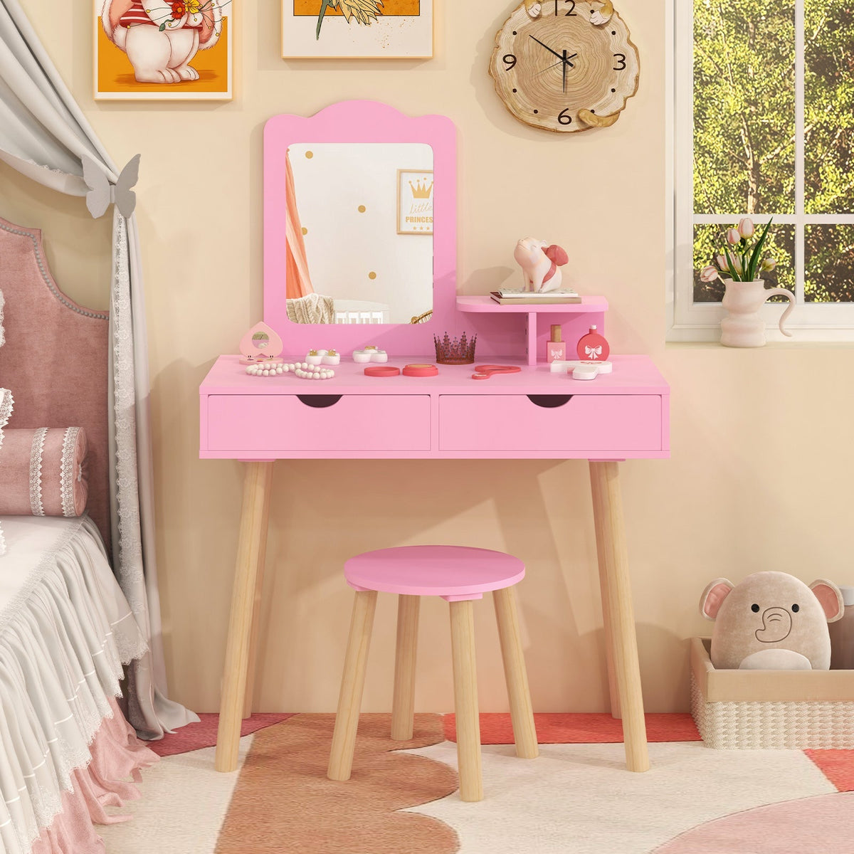 Kid Vanity Table Chair Set with Mirror and 2 Large Storage Drawers