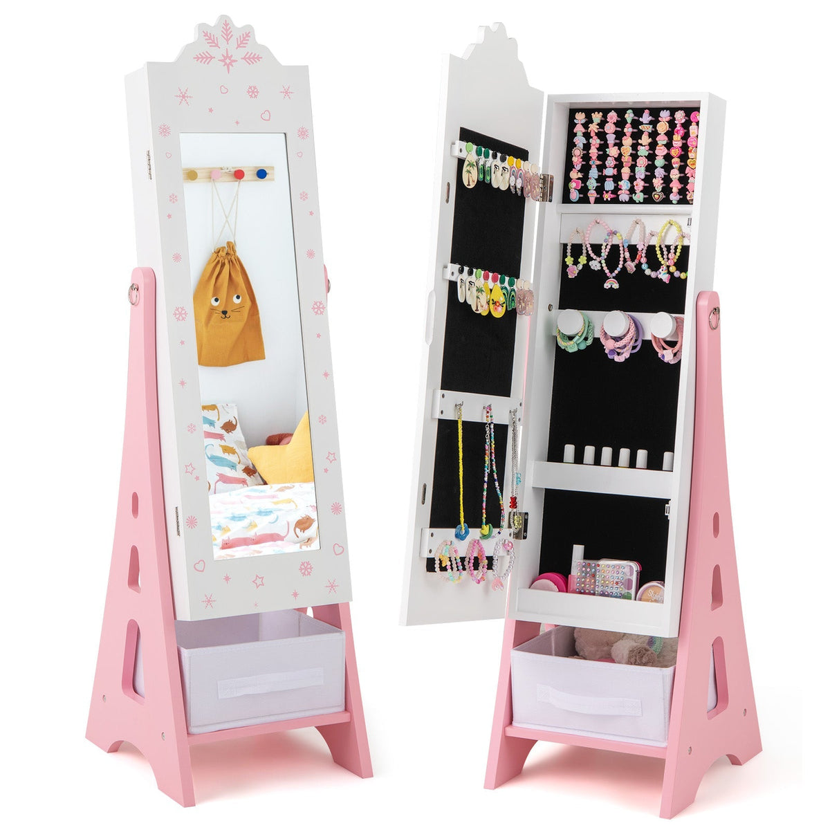 Kids Jewelry Cabinet with Full-Length Mirror and Foldable Drawer-White